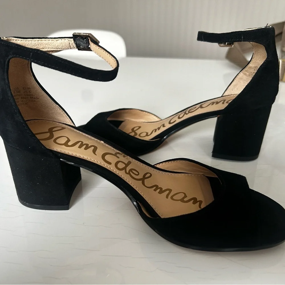 Sam Edelman 6 1/2 Suede Susie Black Ankle Strap Block Heels - Picture 6 of 7